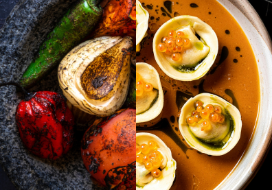 Montage de deux photos de plats : à gauche, en assiette remplie de légumes : poivrons, tomates, oignons et à droite, une assiette de raviolis
