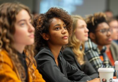 Group people lecture hall with woman wearing-black top
