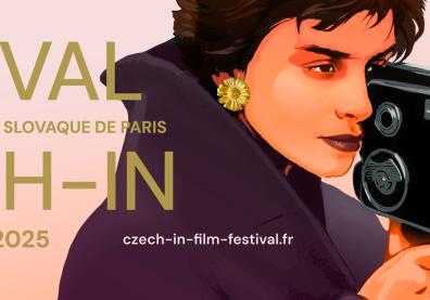 Affiche du Festival Czech-in 2025 avec l'illustration d'une réalisatrice derrière sa caméra