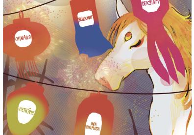 Un cheval illustré derrière une guirlande avec les noms des associations