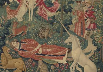 Painting depicting a man lying on the ground with a unicorn and other animals around him, two angels taking him away.
