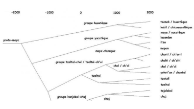 Maya - "Arbre phylogénétique" des langues mayanes (Hoppan 2014: 26, Fig. 3) (haut)