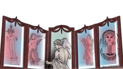 Une statue se tient en face de plusieurs miroirs reflétant autres statues et oeuvres d'art