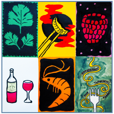 6 illustrations peintes : des feuilles de coriandre, un ravioli tenu par des baguettes, une framboise, une bouteille de vin et un verre de vin à côté, une crevette et une fourchette avec un spaghetti