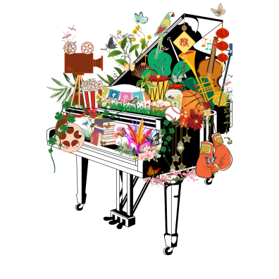 illustration d'un piano à queue sur lequel sont posés plein d'objets : une caméra, des gants de boxe, des plantes, des instruments de musique, etc