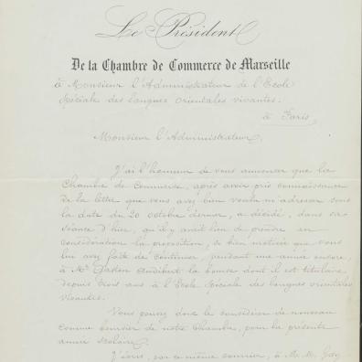 Lettre du président de la chambre de commerce de Marseille adressée à l’administrateur de l’École spéciale des langues orientales vivantes, 4 novembre 1876