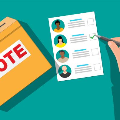 une illustration d'une urne de vote, d'une feuille à coté avec les portraits des candidats à cocher et une main tenant un stylo qui écrit sur la feuille