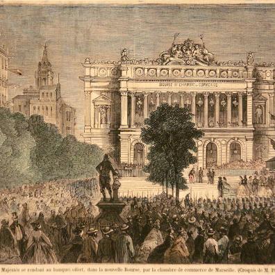 J. Parot, Leurs Majestés se rendant au banquet offert, dans la nouvelle Bourse par la Chambre de Commerce de Marseille, gravure, s.d.