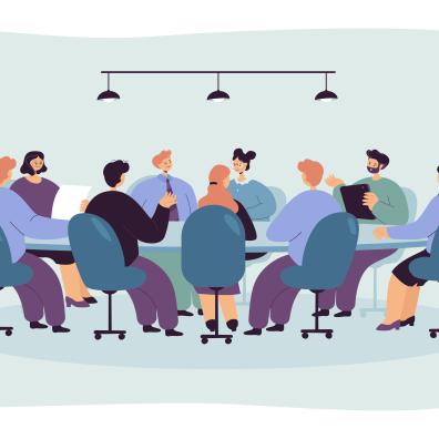 Politician sitting at round table in boardroom. Board of directors with CEO holding formal talk in office room flat vector illustration. Business authority, corporate leader, planning strategy concept