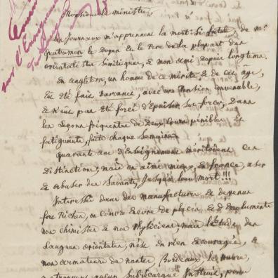 Charles Hippolyte de Paravey, lettre adressée au ministre de l’Instruction publique, 24 septembre 1857