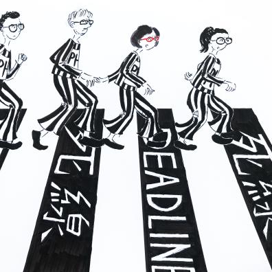 Illustration of 4 characters wearing glasses and striped outfits and walking on black strips marked "deadline".