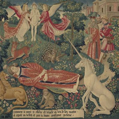 Painting depicting a man lying on the ground with a unicorn and other animals around him, two angels taking him away.