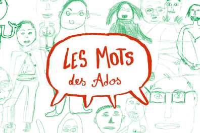 Titre "les mots des ados" avec illustrations de personnages autour