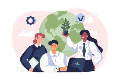 Illustration 3 professionnels devant la terre avec une plante 