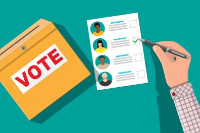 une illustration d'une urne de vote, d'une feuille à coté avec les portraits des candidats à cocher et une main tenant un stylo qui écrit sur la feuille