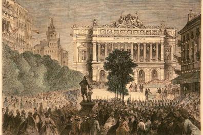 J. Parot, Leurs Majestés se rendant au banquet offert, dans la nouvelle Bourse par la Chambre de Commerce de Marseille, gravure, s.d.