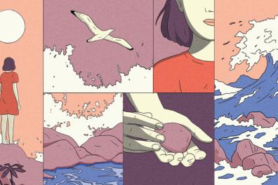 Plusieurs illustrations d'une jeune fille de dos qui regarde la lune sur un rocher, une vague, une mouette qui s'envole, la vague s'écrase contre les rochers