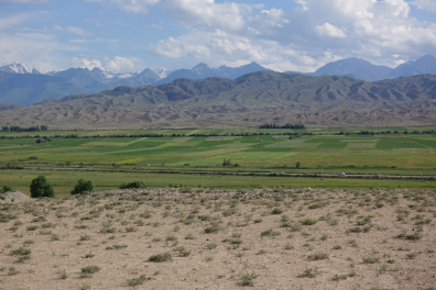 Paysage de sable, avec en arrière plan de l'herbe verte et une montagne