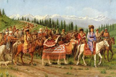 Painting of rich nomads on horses in the mountains