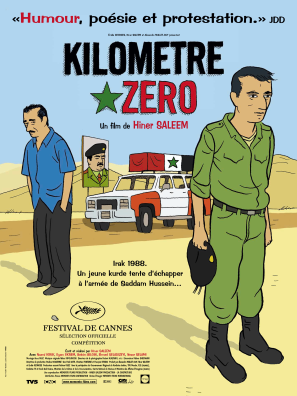 Affiche du film "Kilomètre zéro", illustration d'un homme et d'un soldat qui se tiennent dos à une voiture au milieu du désert
