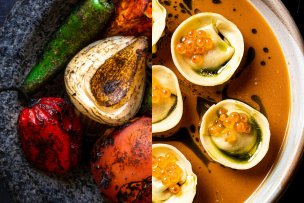 Montage de deux photos de plats : à gauche, en assiette remplie de légumes : poivrons, tomates, oignons et à droite, une assiette de raviolis
