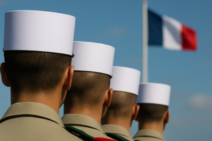 Quatre hommes en képi blanc de dos avec le drapeau français en arrière plan