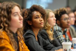 Group people lecture hall with woman wearing-black top