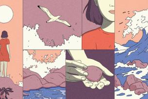 Plusieurs illustrations d'une jeune fille de dos qui regarde la lune sur un rocher, une vague, une mouette qui s'envole, la vague s'écrase contre les rochers