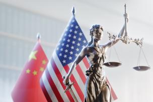 Lady Justice with the USA and China Flags - Symbol of Diplomacy and International Law By Sikov